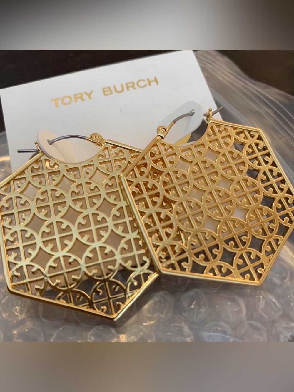 Tory Burch Gold Hexagonal Filigree Hoop Earrings